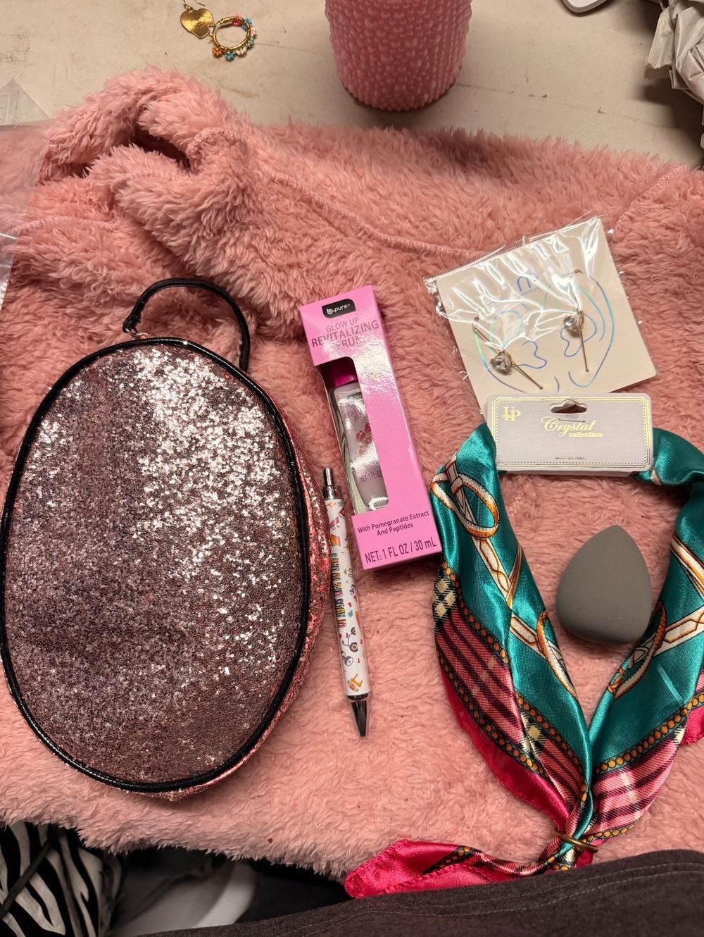 Rose Gold Glitter Makeup Bag Beauty Jewelry Scarf Gift Bundle